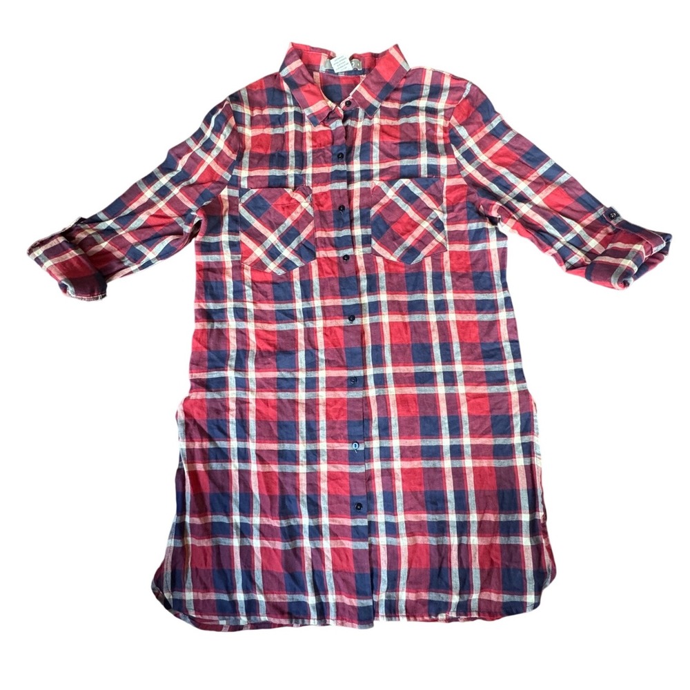 LE3NO Womens Red Blue Plaid Cotton Button‎ Down Shirt Dress Tunic Small